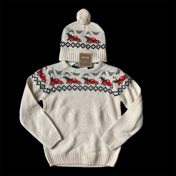 Brooklyn Boys Other - Brooklyn Boys Kids Fair Isle Sweater Hat Set Cream Red Truck Nordic Holiday NWT